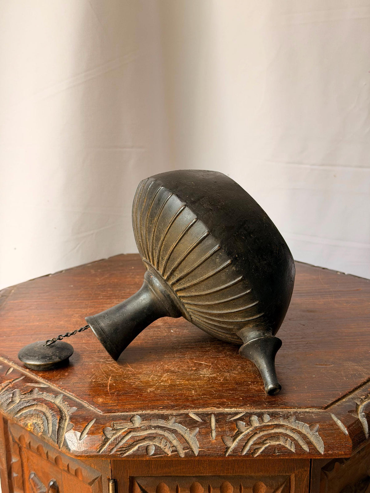 Vintage Ribbed Bronze Kendi Vessel Spouted Ritual Water Pot Chained Cap