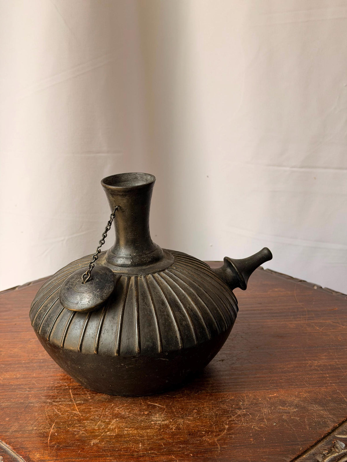 Vintage Ribbed Bronze Kendi Vessel Spouted Ritual Water Pot Chained Cap