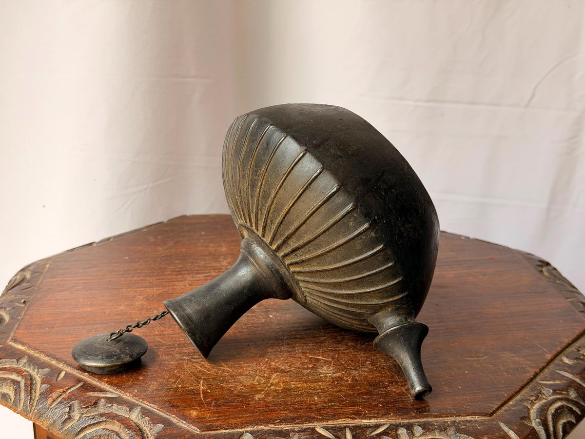 Vintage Ribbed Bronze Kendi Vessel Spouted Ritual Water Pot Chained Cap