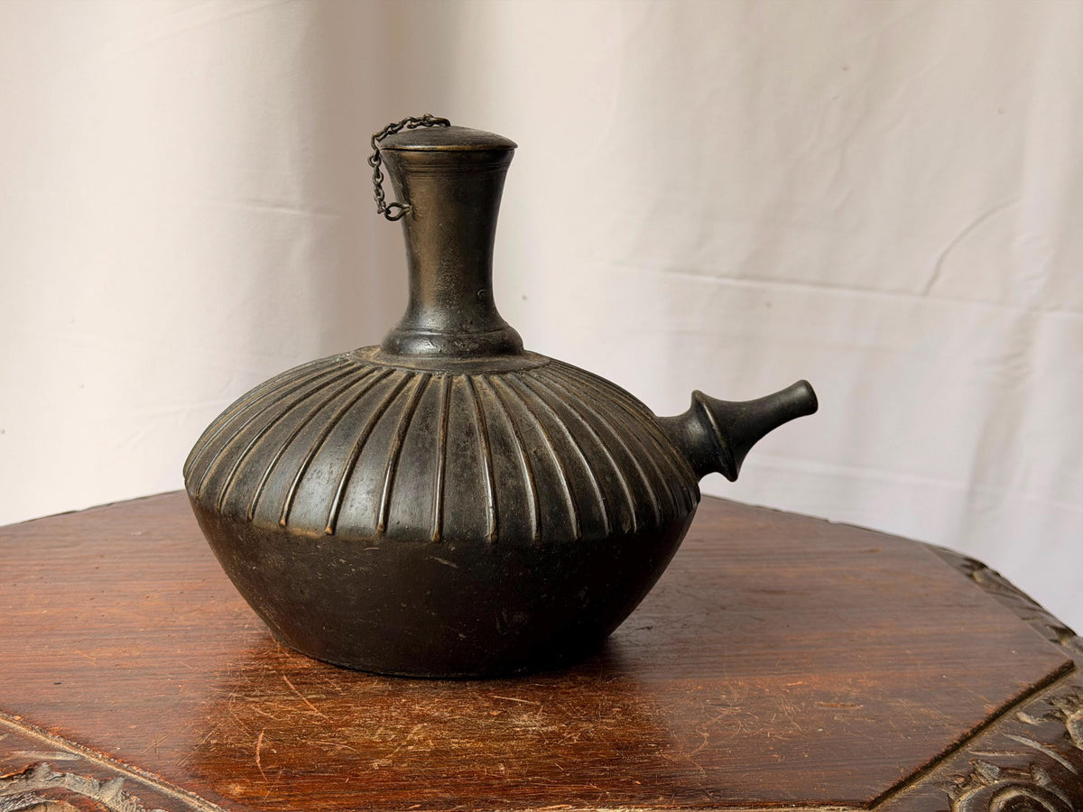 Vintage Ribbed Bronze Kendi Vessel Spouted Ritual Water Pot Chained Cap