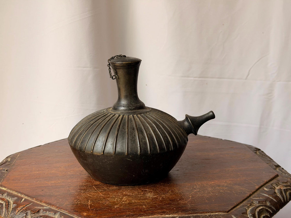 Vintage Ribbed Bronze Kendi Vessel Spouted Ritual Water Pot Chained Cap