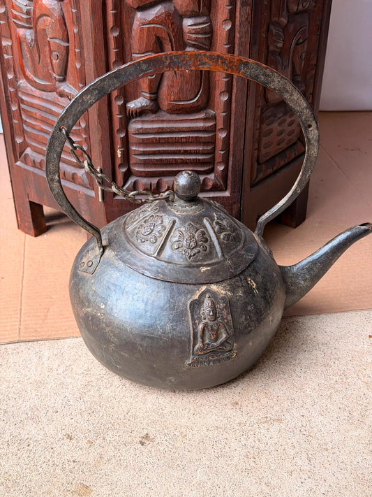 Vintage Bronze Buddha Tea Kettle Heavy Chained Lid Teapot Asian Vessel