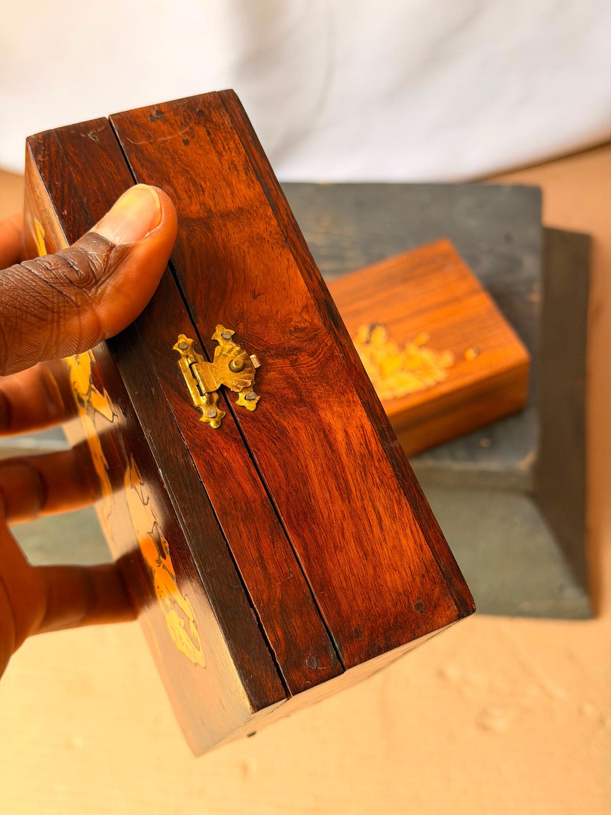 Vintage Indian Wood Marquetry Box Set Elephant & Court Musician Keepsake 6"