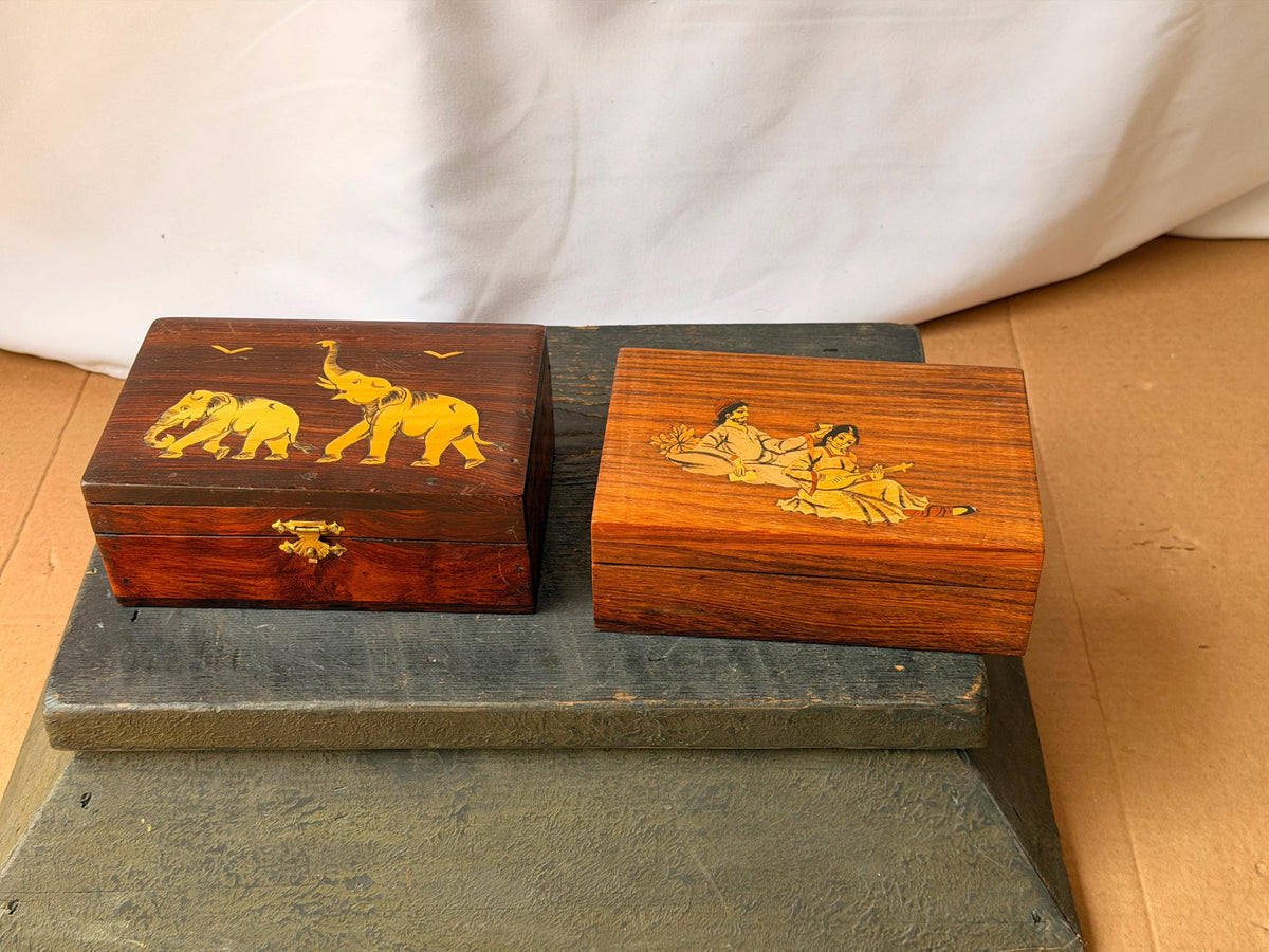 Vintage Indian Wood Marquetry Box Set Elephant & Court Musician Keepsake 6"