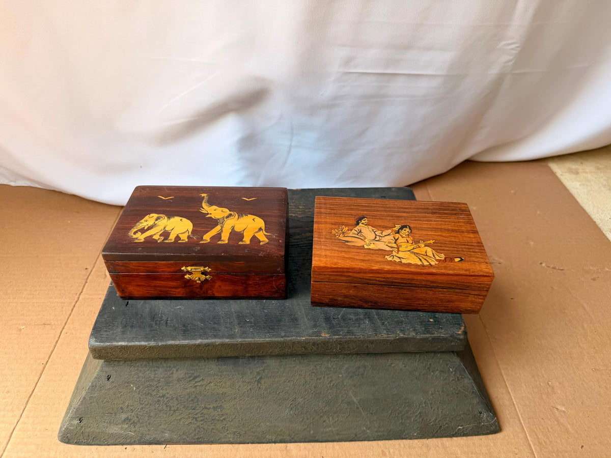 Vintage Indian Wood Marquetry Box Set Elephant & Court Musician Keepsake 6"