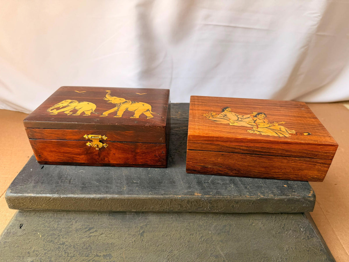 Vintage Indian Wood Marquetry Box Set Elephant & Court Musician Keepsake 6"