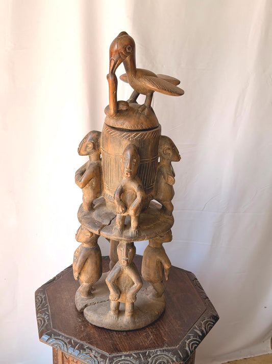 Vintage Hand Carved Wood Chamba Caryatid Pot Ritual Vessel Stand African Art