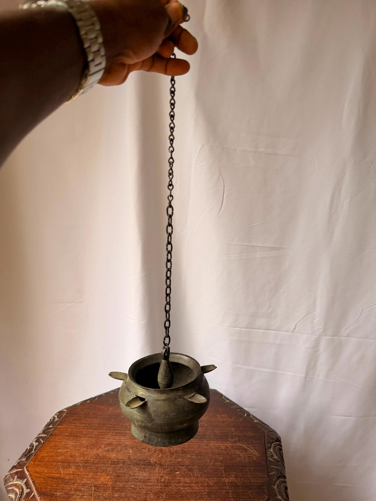 Vintage Brass Hanging Temple Oil Vessel Spouted Ritual Altar Censer Chain