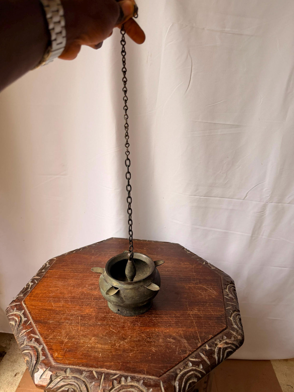 Vintage Brass Hanging Temple Oil Vessel Spouted Ritual Altar Censer Chain
