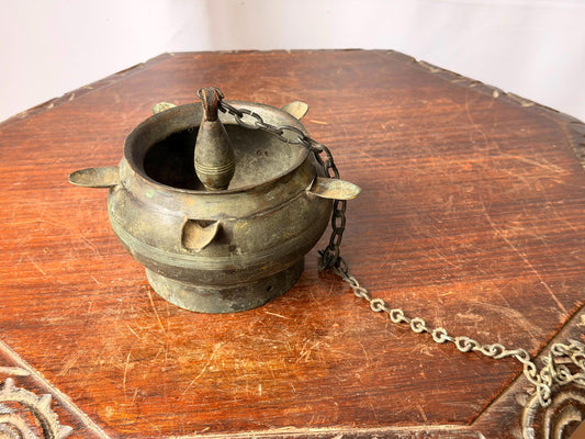 Vintage Brass Hanging Temple Oil Vessel Spouted Ritual Altar Censer Chain