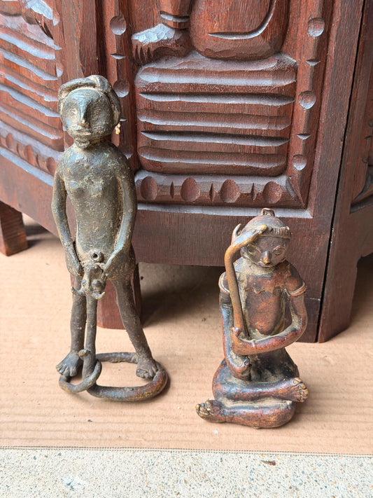 Pair Vintage Cast Bronze Tribal Figures Serpent Staff Seated Statues