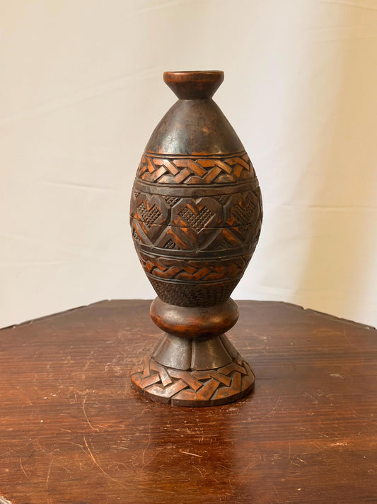 Kuba Hand Carved Wood Prestige Box African Geometric Interlace Vessel 9.5"