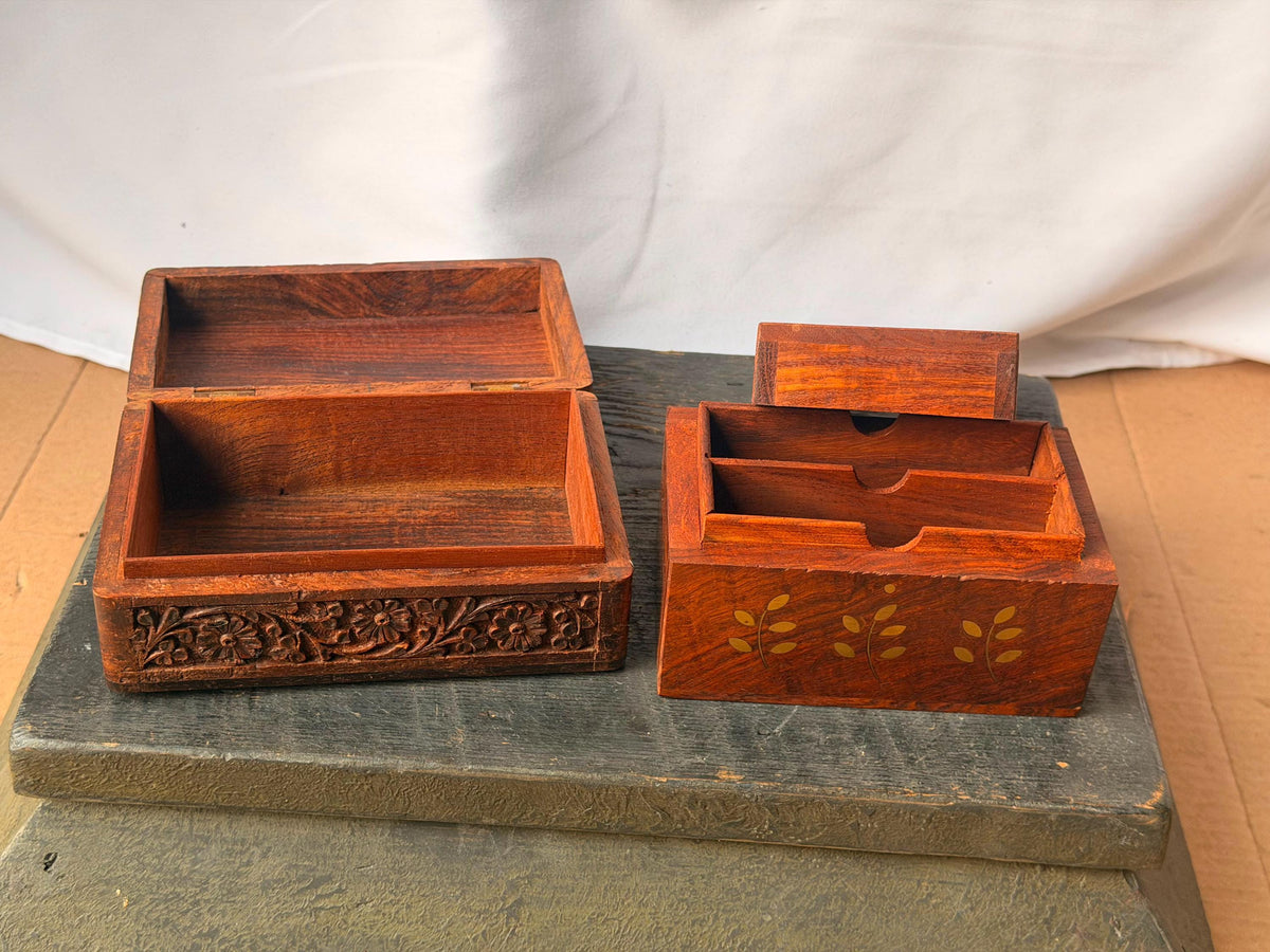 Vintage Indian Carved Wood Box Set Brass Inlay Taj Mahal Jewelry Desk Organizer