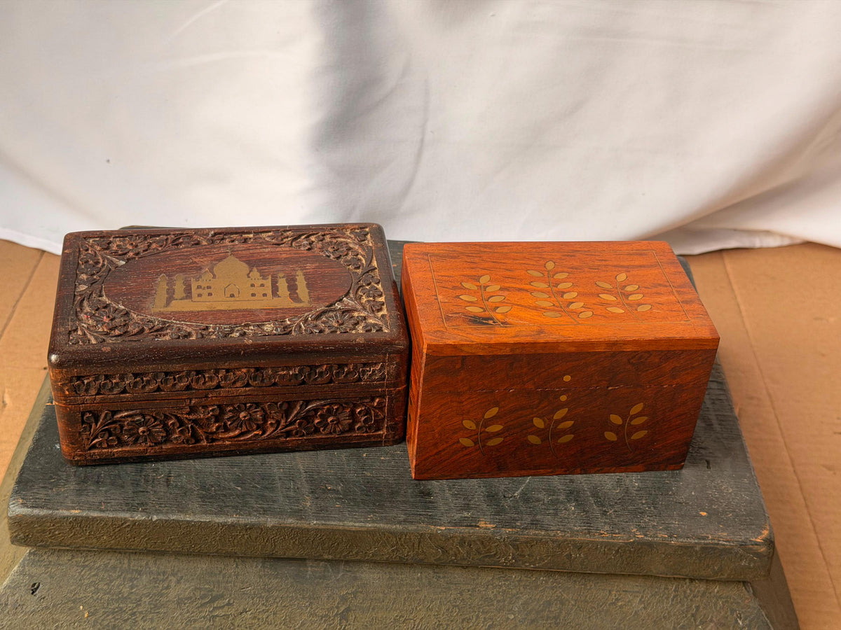 Vintage Indian Carved Wood Box Set Brass Inlay Taj Mahal Jewelry Desk Organizer