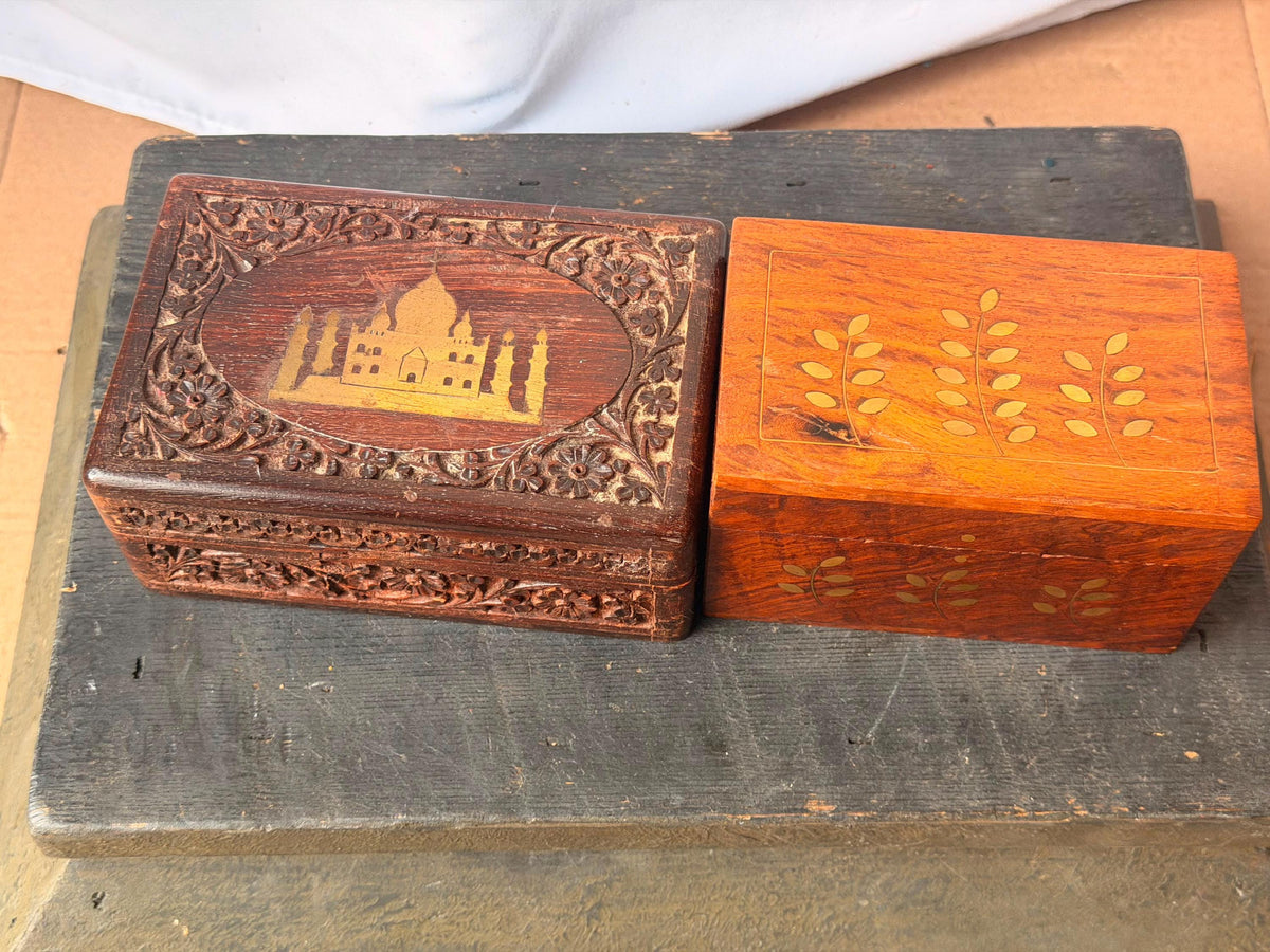 Vintage Indian Carved Wood Box Set Brass Inlay Taj Mahal Jewelry Desk Organizer