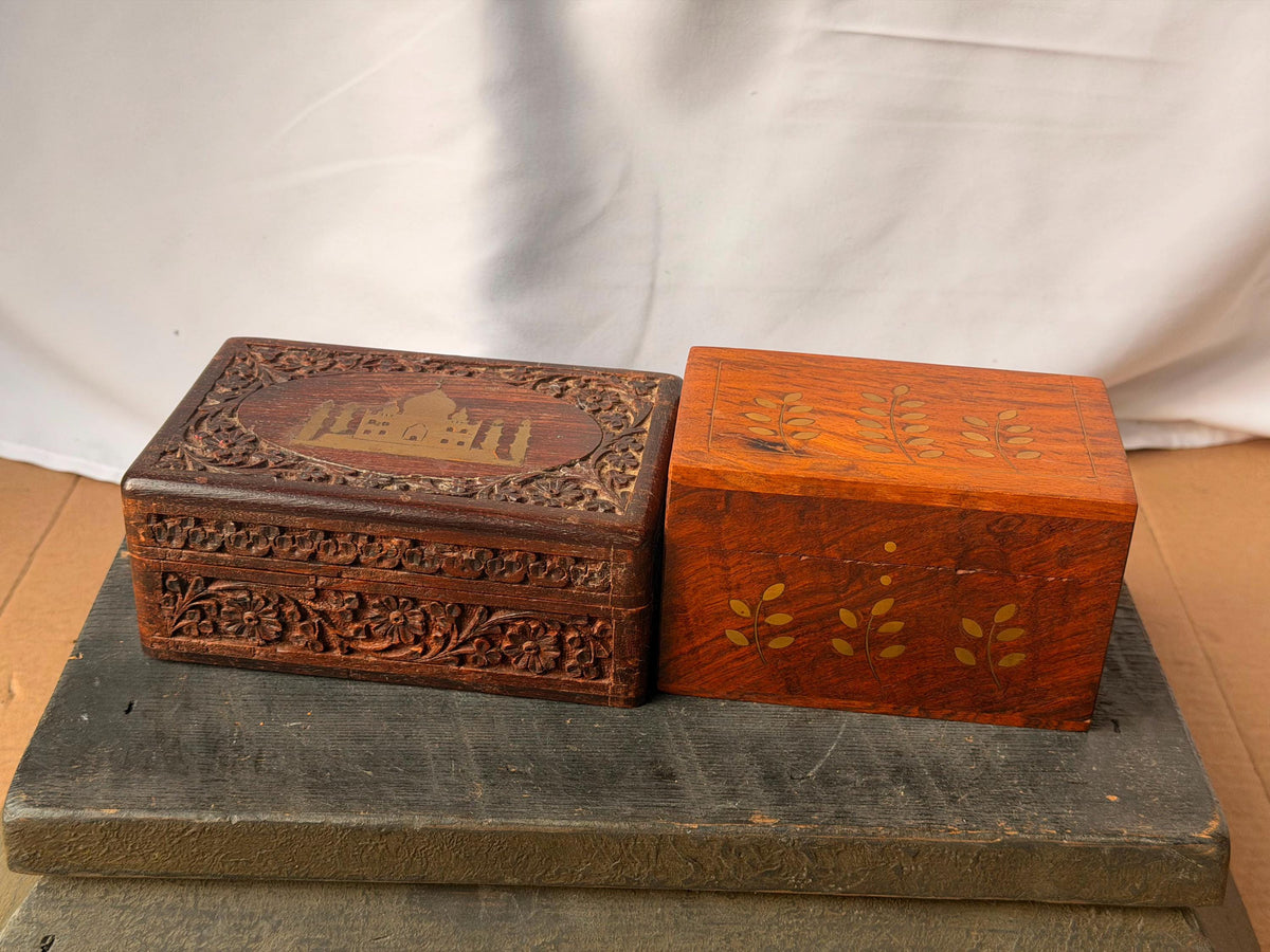 Vintage Indian Carved Wood Box Set Brass Inlay Taj Mahal Jewelry Desk Organizer