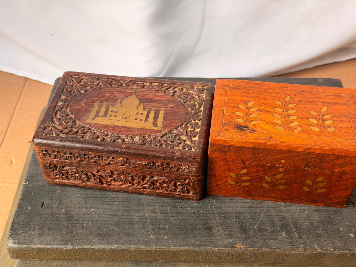 Vintage Indian Carved Wood Box Set Brass Inlay Taj Mahal Jewelry Desk Organizer