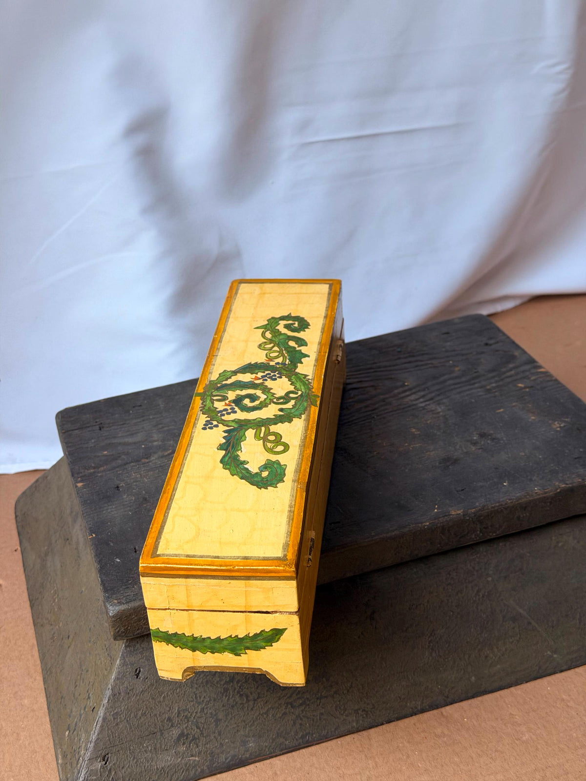 Vintage Foreside Hand Painted Wood Box - Indian Botanical Keepsake Chest Valet