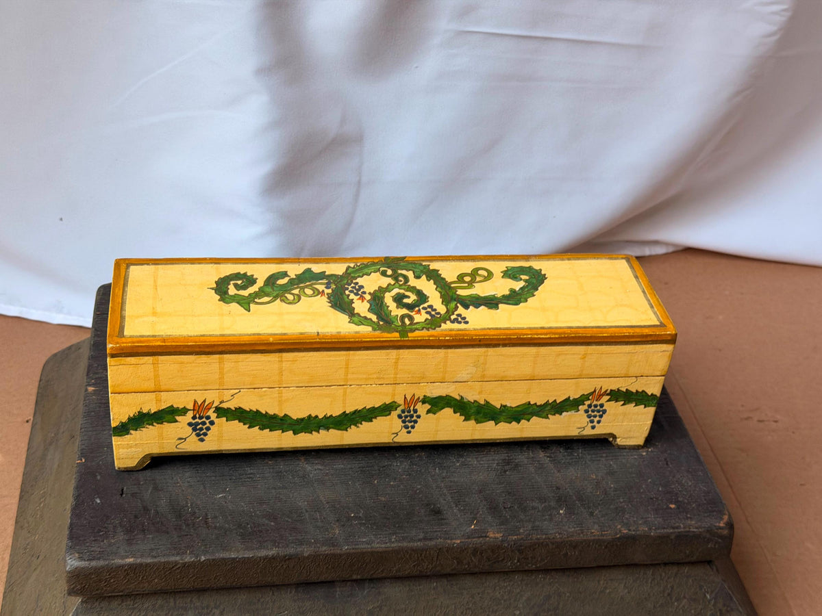 Vintage Foreside Hand Painted Wood Box - Indian Botanical Keepsake Chest Valet
