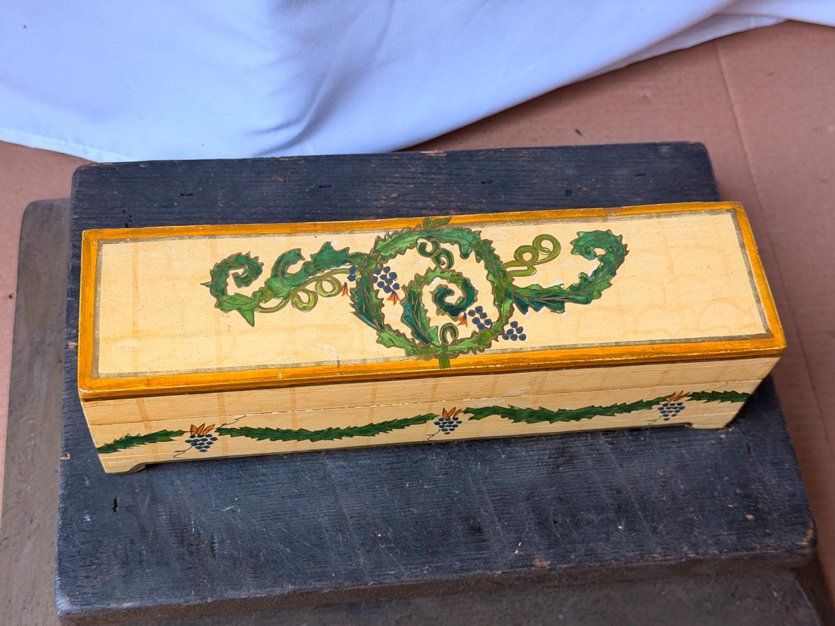 Vintage Foreside Hand Painted Wood Box - Indian Botanical Keepsake Chest Valet