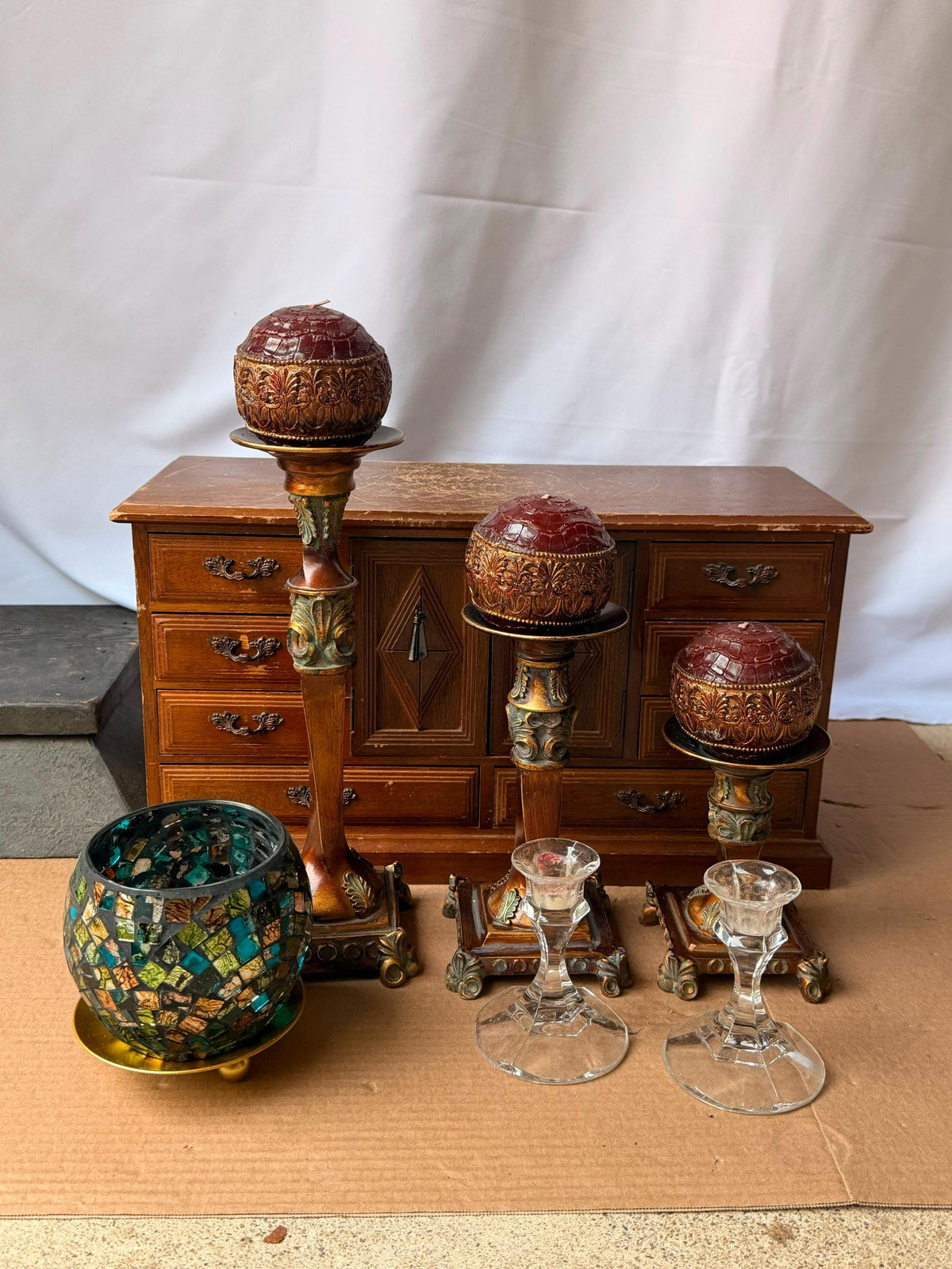 Ornate Tuscan Style Candle Stand Ensemble - Mosaic Glass Votive Holder Set