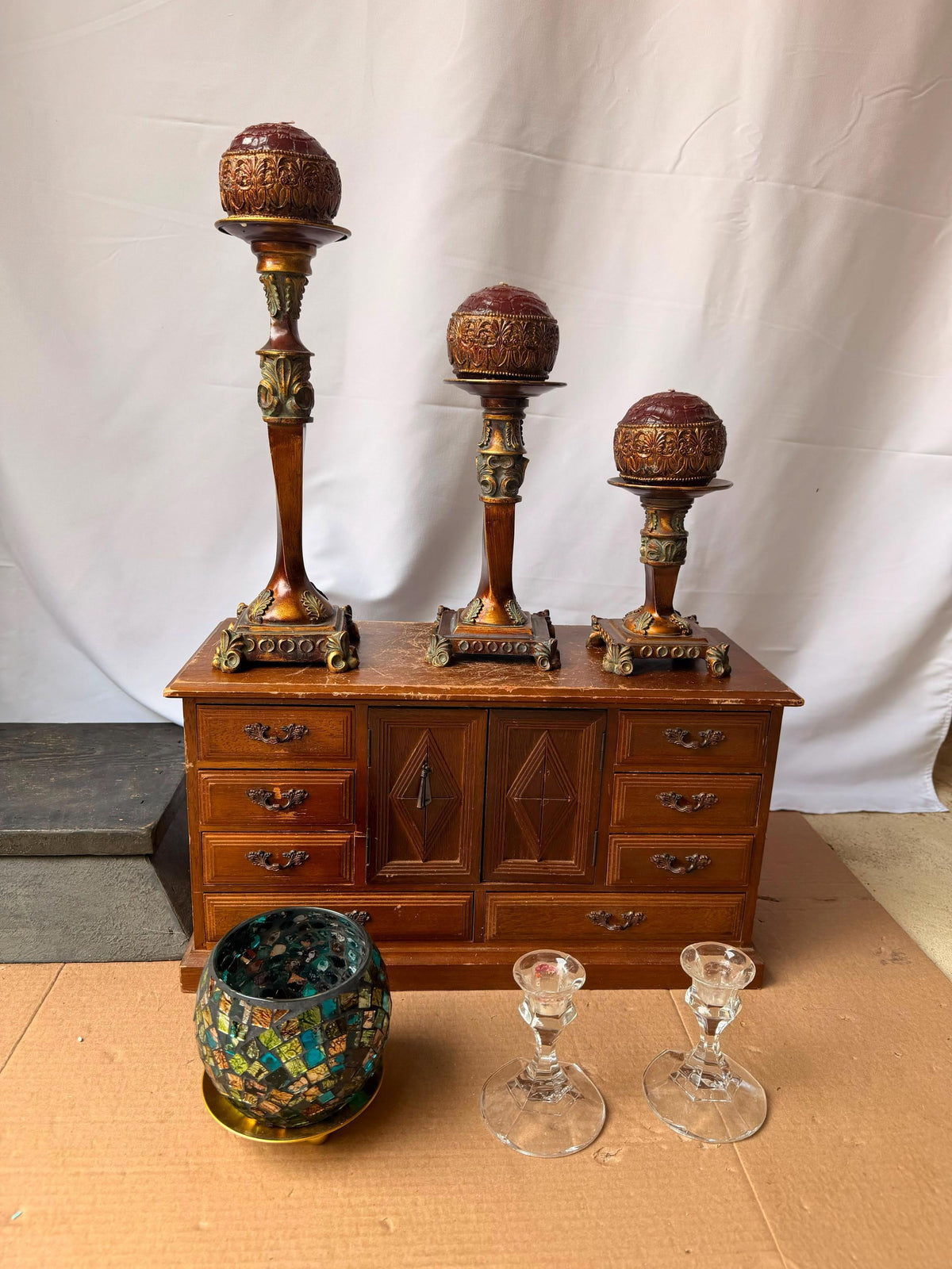 Ornate Tuscan Style Candle Stand Ensemble - Mosaic Glass Votive Holder Set