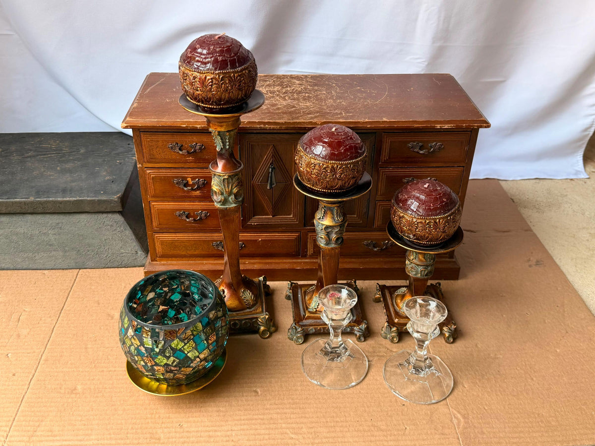 Ornate Tuscan Style Candle Stand Ensemble - Mosaic Glass Votive Holder Set