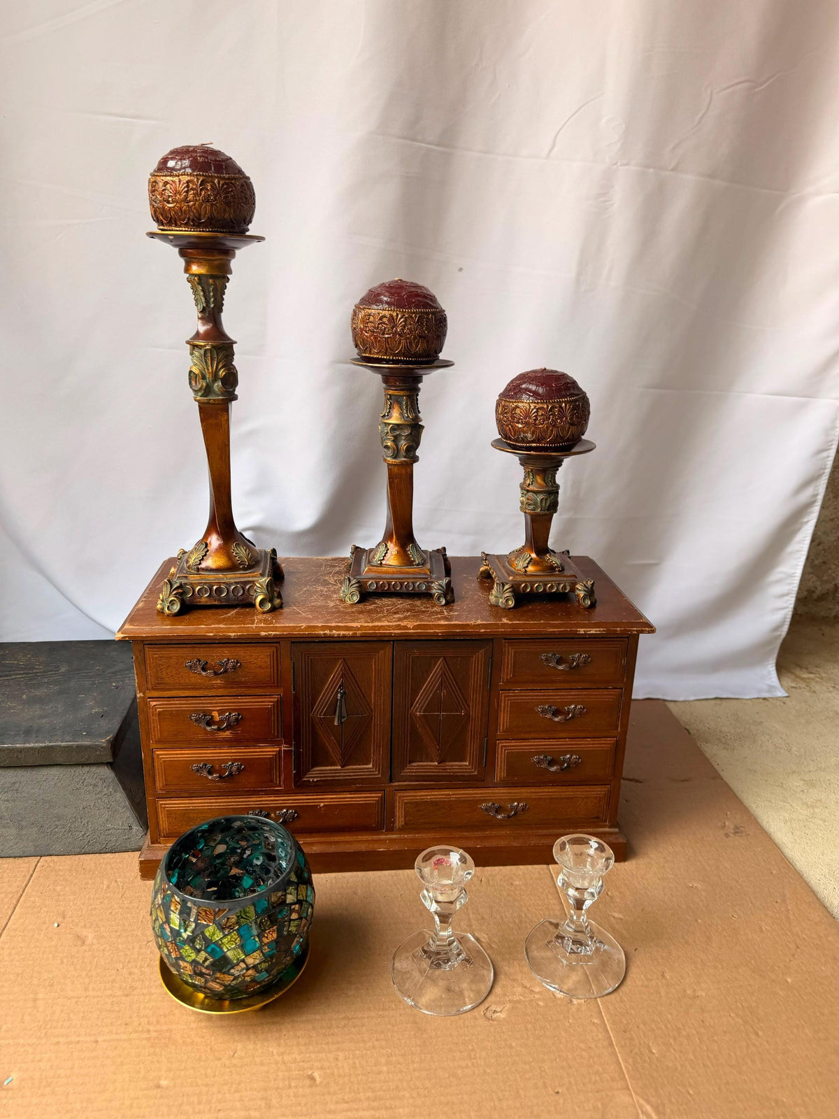 Ornate Tuscan Style Candle Stand Ensemble - Mosaic Glass Votive Holder Set