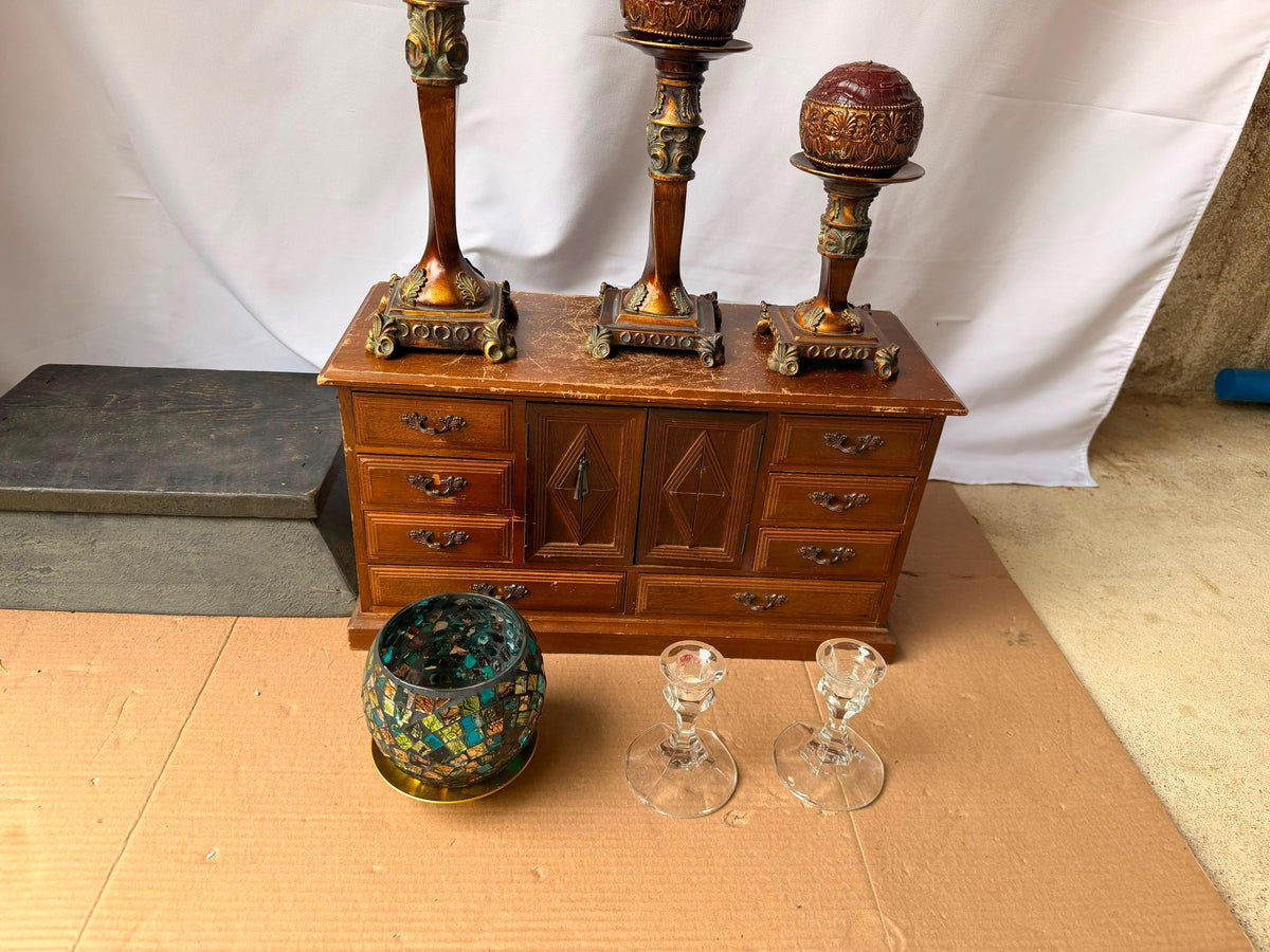 Ornate Tuscan Style Candle Stand Ensemble - Mosaic Glass Votive Holder Set