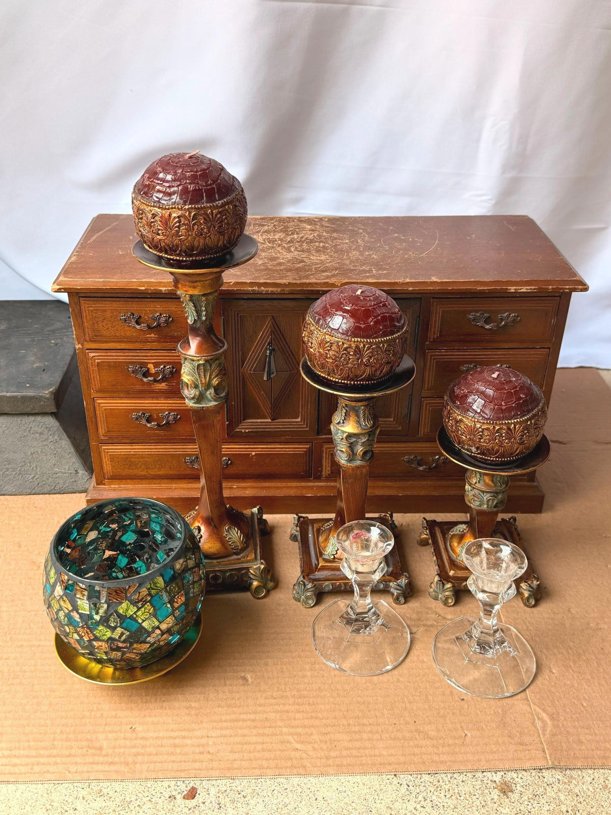 Ornate Tuscan Style Candle Stand Ensemble - Mosaic Glass Votive Holder Set