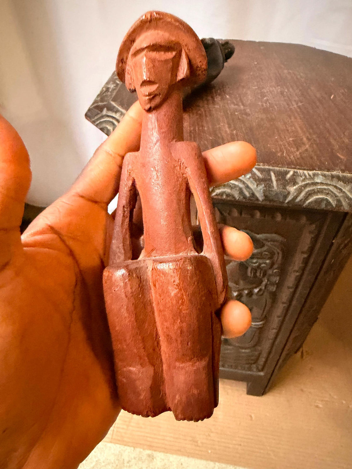 Pair Vintage Carved Wood African Figures Seated Sculpture Tribal Folk Art 7.5"