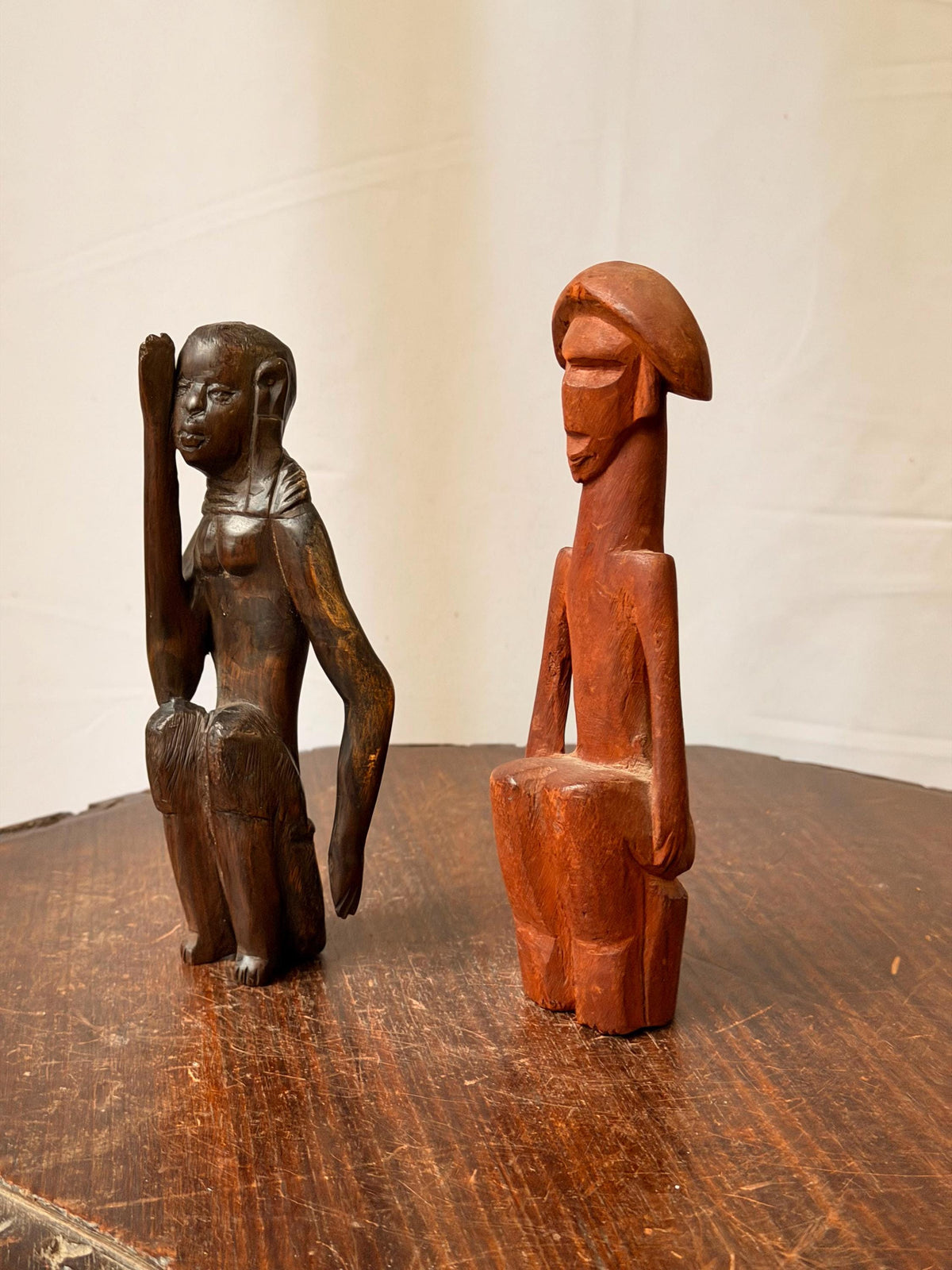 Pair Vintage Carved Wood African Figures Seated Sculpture Tribal Folk Art 7.5"