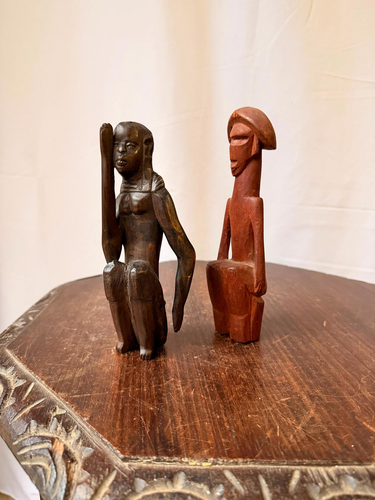 Pair Vintage Carved Wood African Figures Seated Sculpture Tribal Folk Art 7.5"