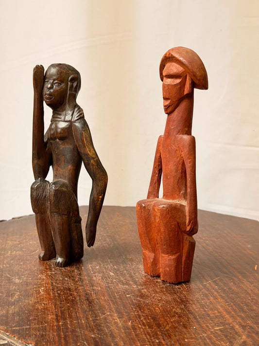 Pair Vintage Carved Wood African Figures Seated Sculpture Tribal Folk Art 7.5"