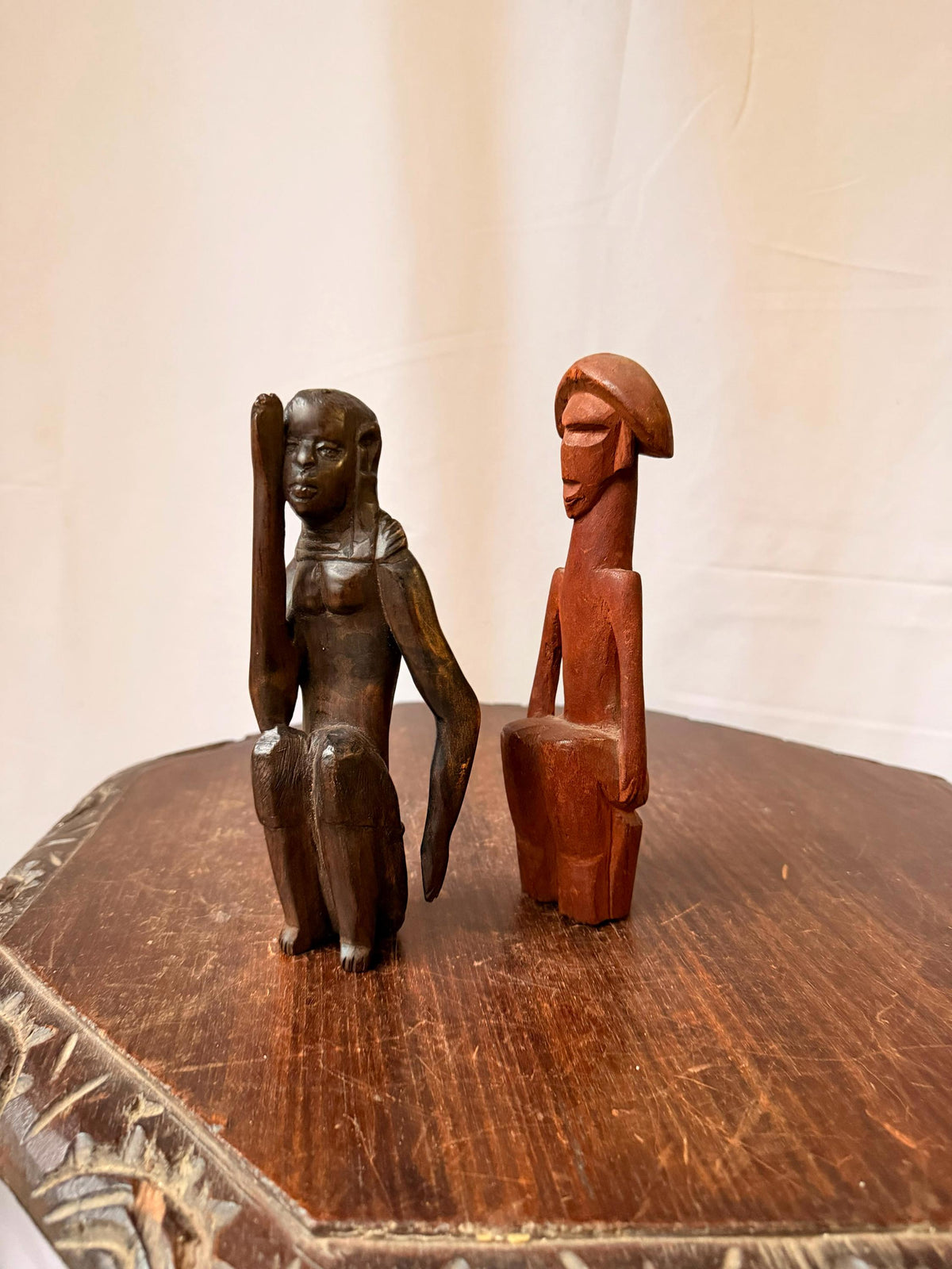 Pair Vintage Carved Wood African Figures Seated Sculpture Tribal Folk Art 7.5"