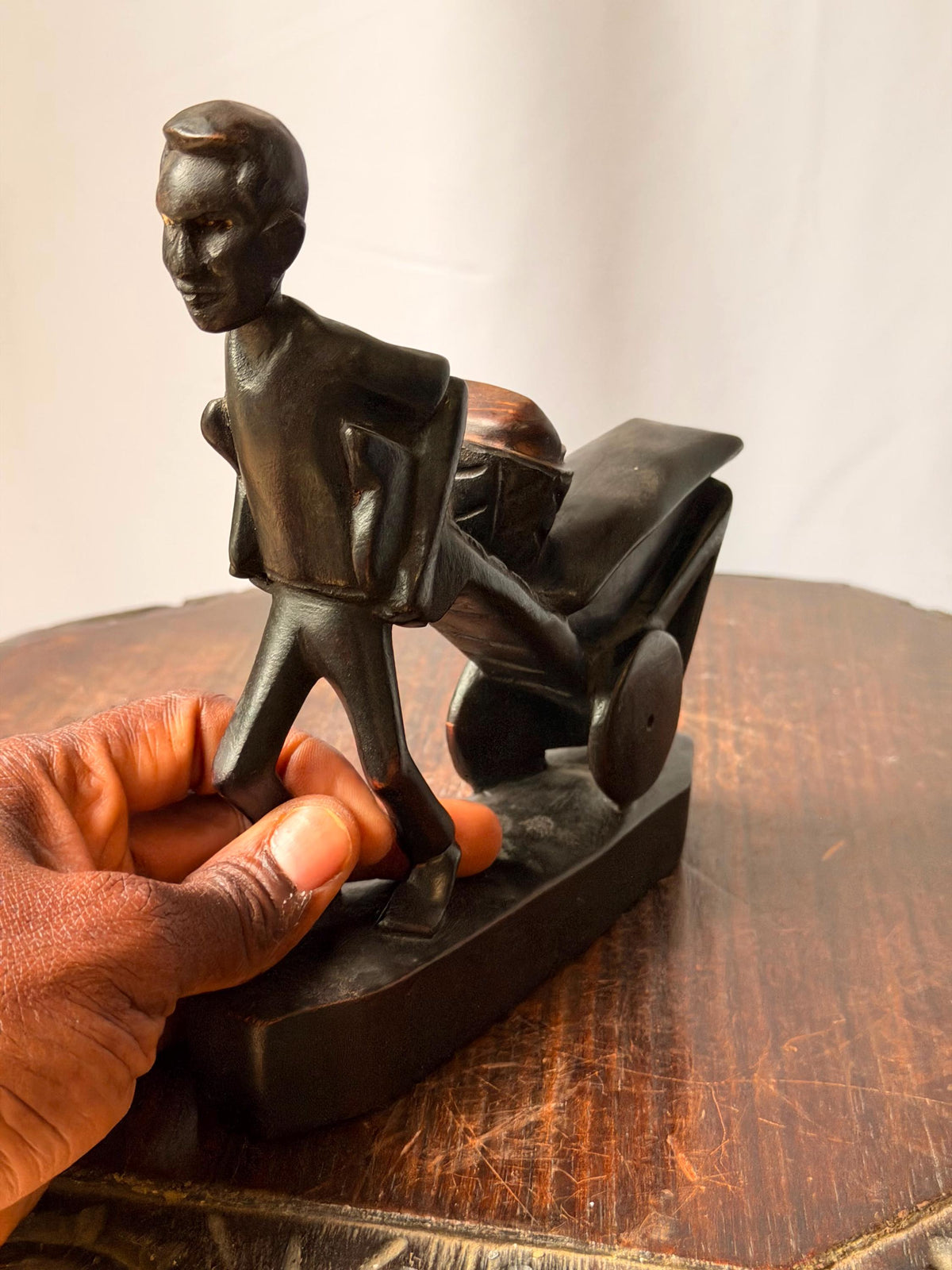 Vintage Carved Wood Man Pushing Cart Sculpture Wheelbarrow Labor Statue 8"