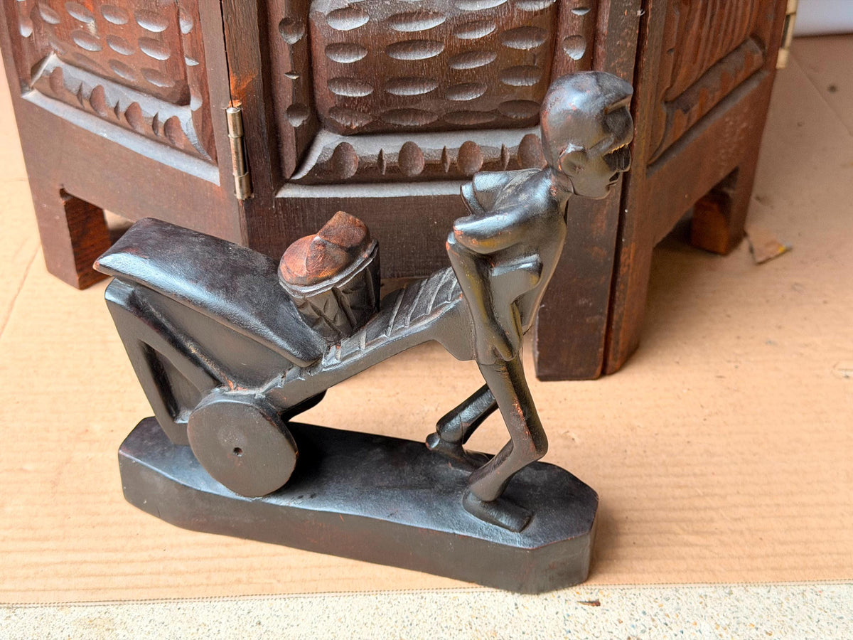 Vintage Carved Wood Man Pushing Cart Sculpture Wheelbarrow Labor Statue 8"