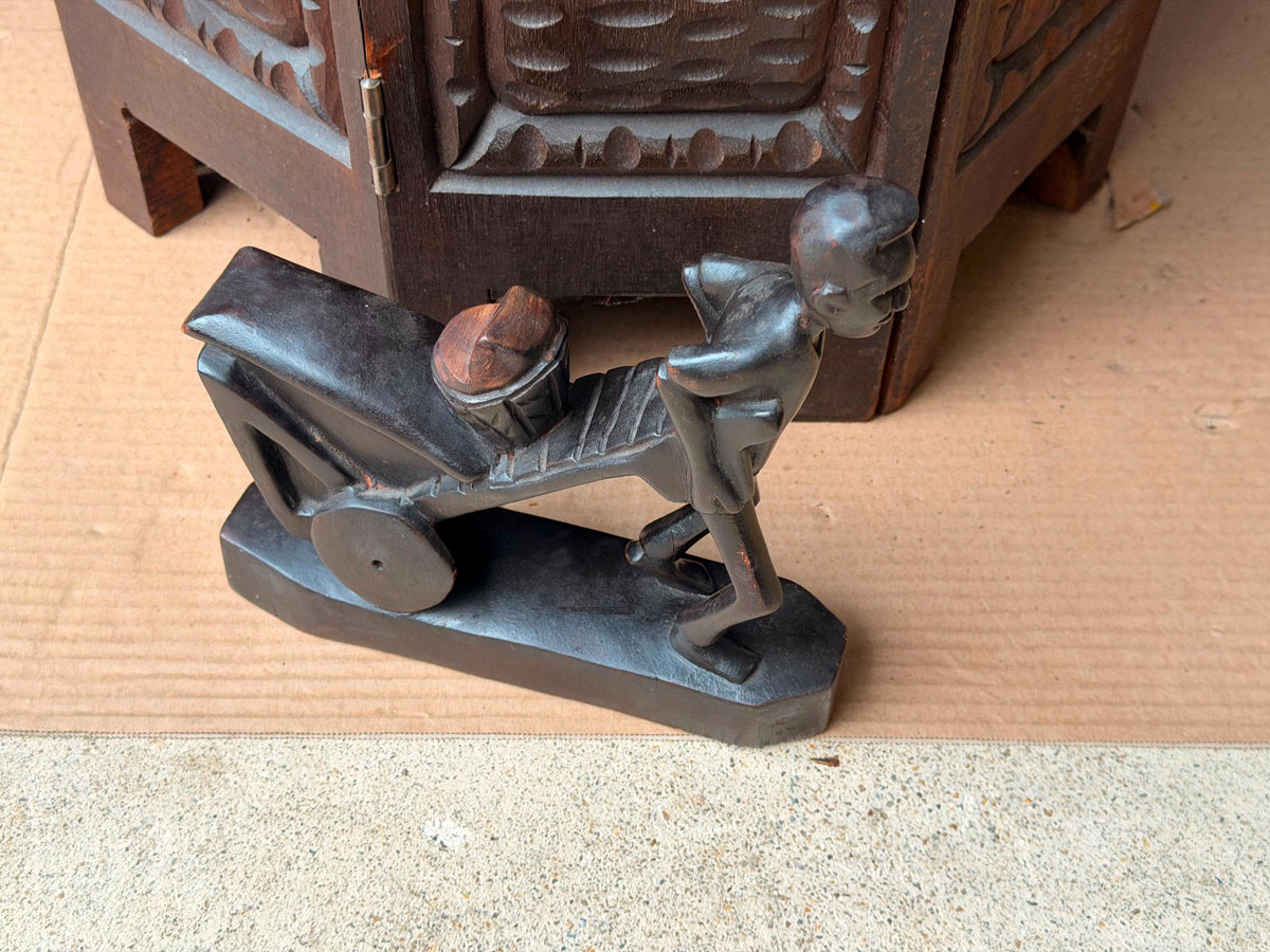 Vintage Carved Wood Man Pushing Cart Sculpture Wheelbarrow Labor Statue 8"