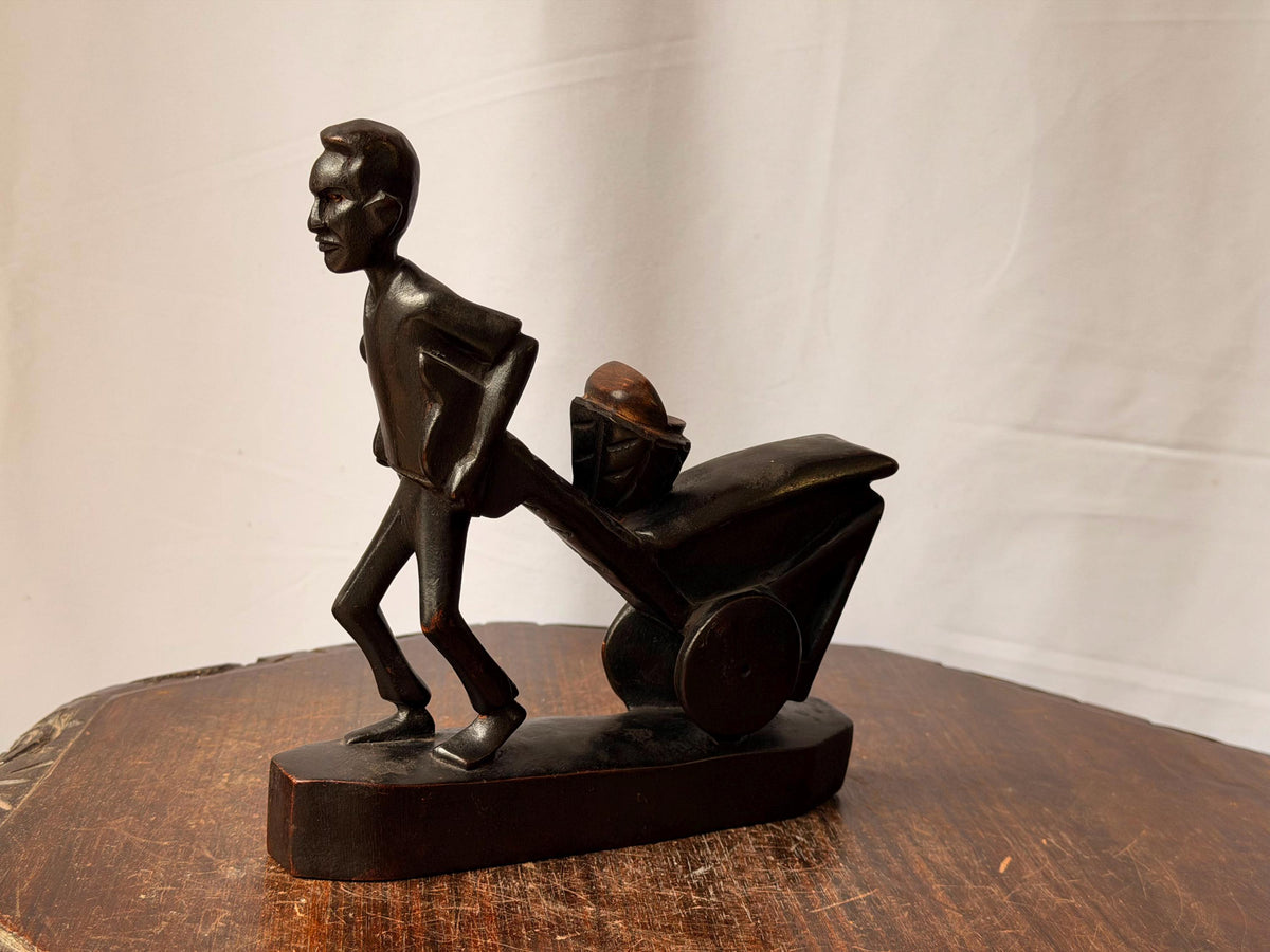 Vintage Carved Wood Man Pushing Cart Sculpture Wheelbarrow Labor Statue 8"