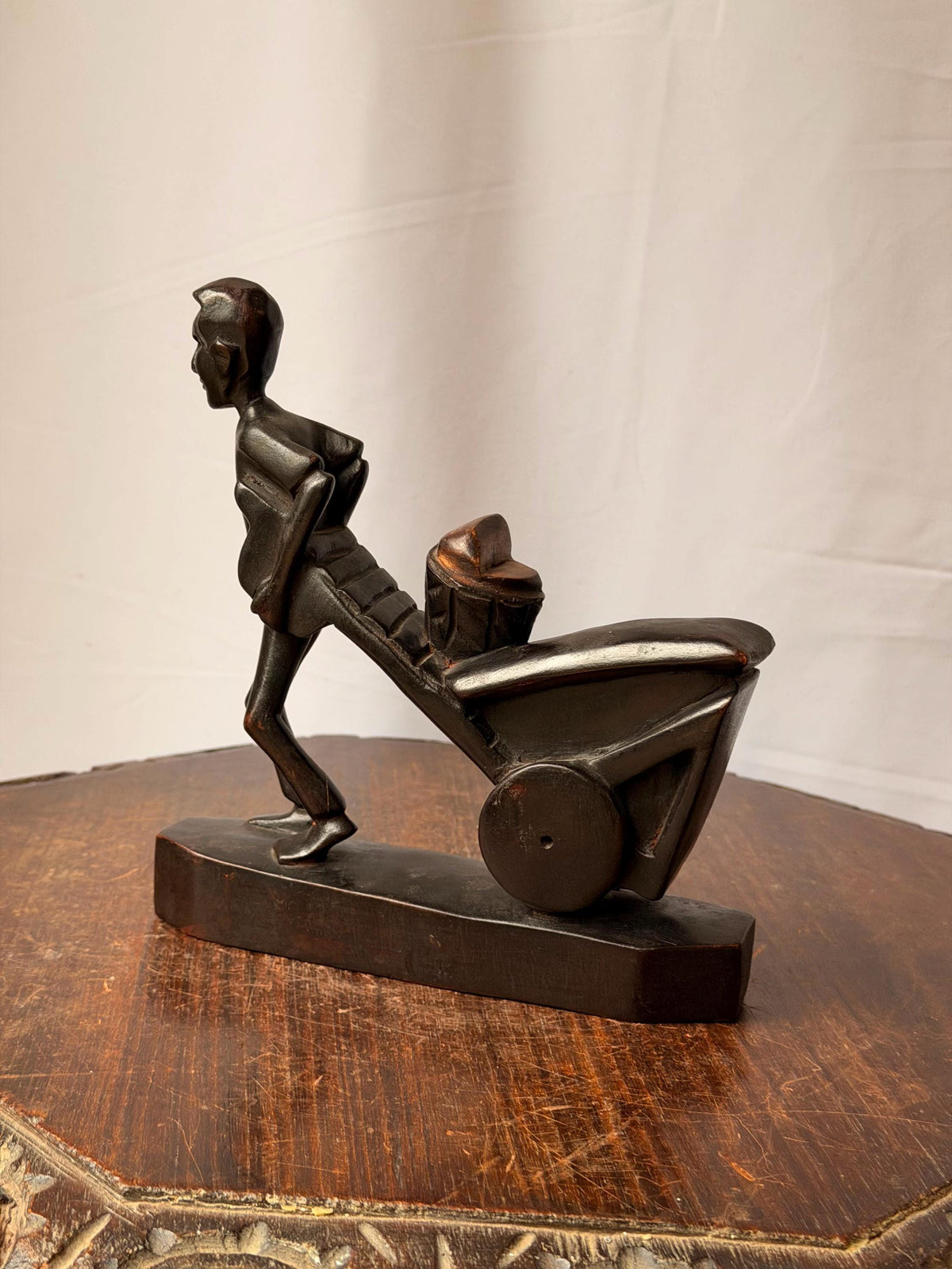 Vintage Carved Wood Man Pushing Cart Sculpture Wheelbarrow Labor Statue 8"