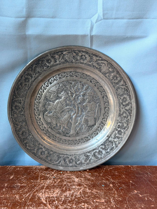 Vintage Middle Eastern Engraved Metal Wall Plate - Court Musician 7.5"