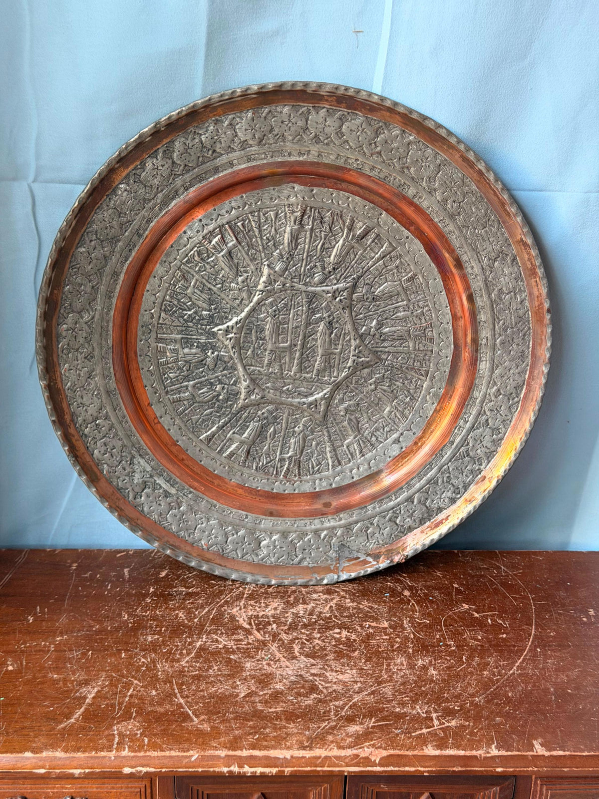 Vintage Middle Eastern Engraved Copper Plate Ancient Guards Star Relief 11.2"