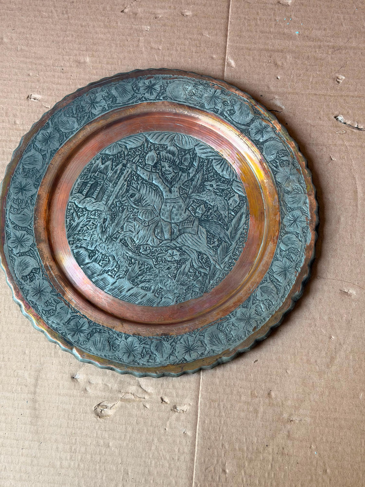 Vintage Middle Eastern Engraved Copper Plate - Horseman Hunter 11.7"