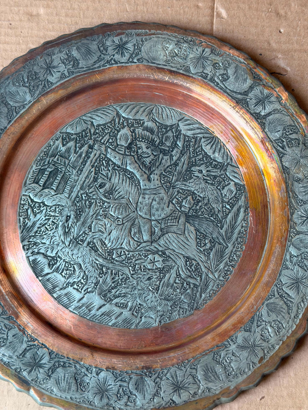 Vintage Middle Eastern Engraved Copper Plate - Horseman Hunter 11.7"