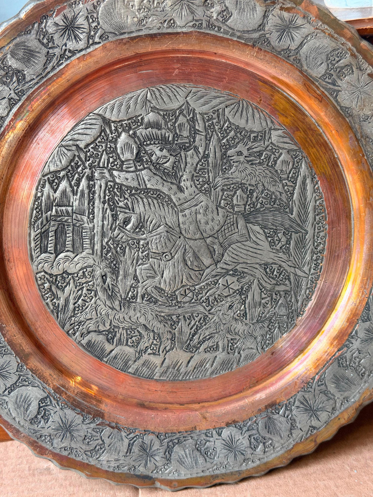 Vintage Middle Eastern Engraved Copper Plate - Horseman Hunter 11.7"