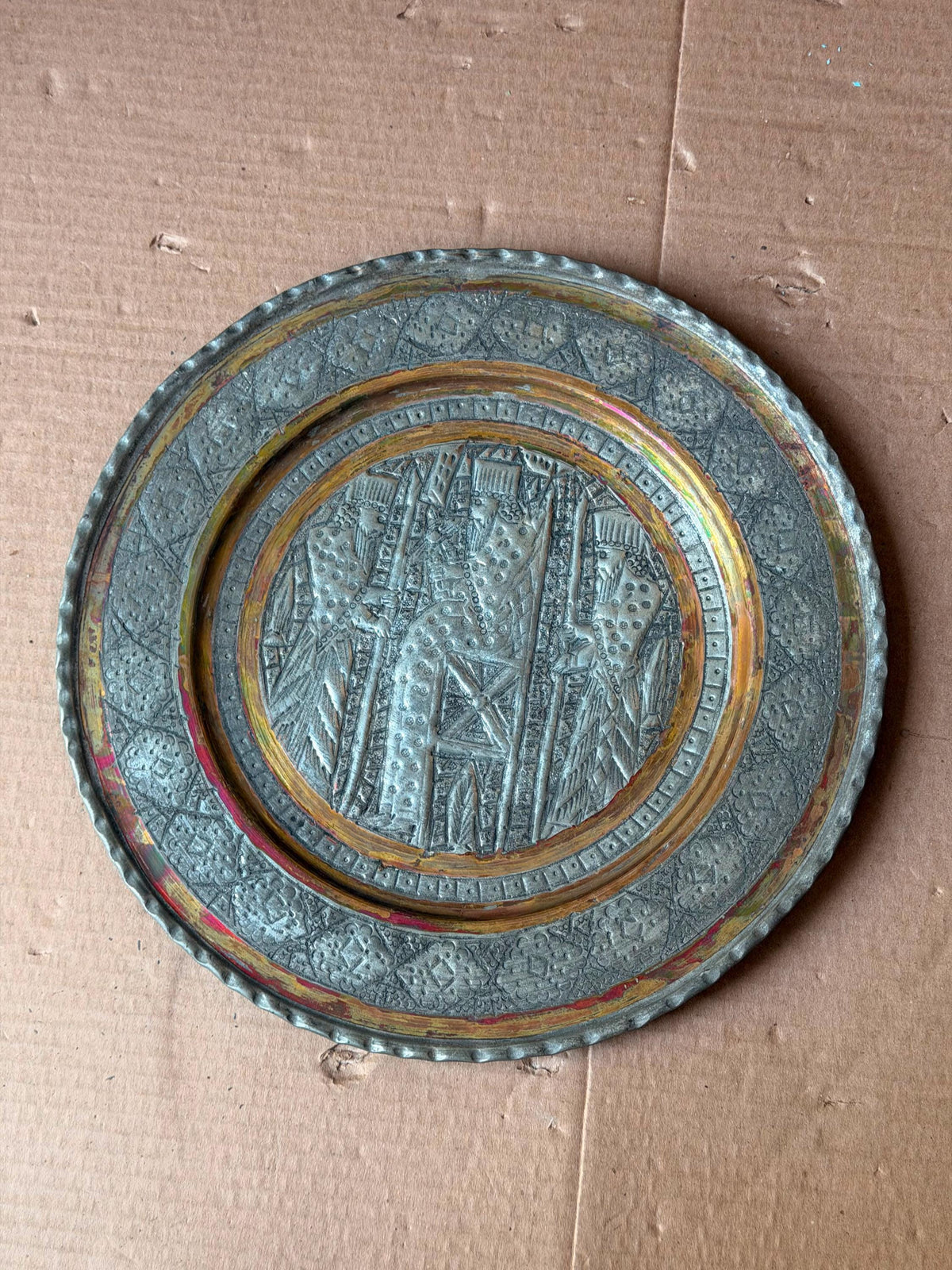 Vintage Middle Eastern Engraved Copper Charger - Enthroned King 11.4"
