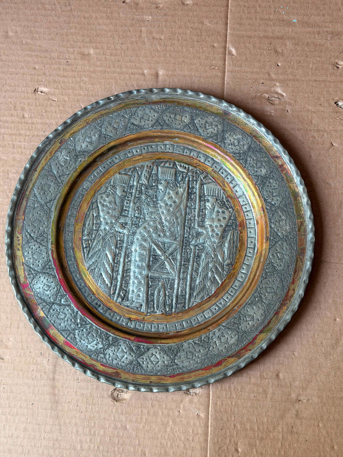 Vintage Middle Eastern Engraved Copper Charger - Enthroned King 11.4"