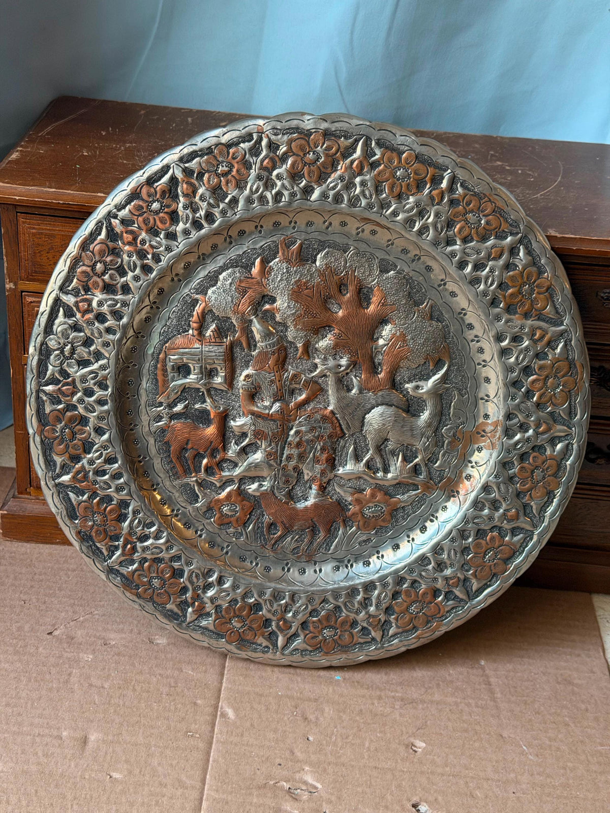 Vintage Middle Eastern Engraved Copper Charger - Musician Gazelles 13"
