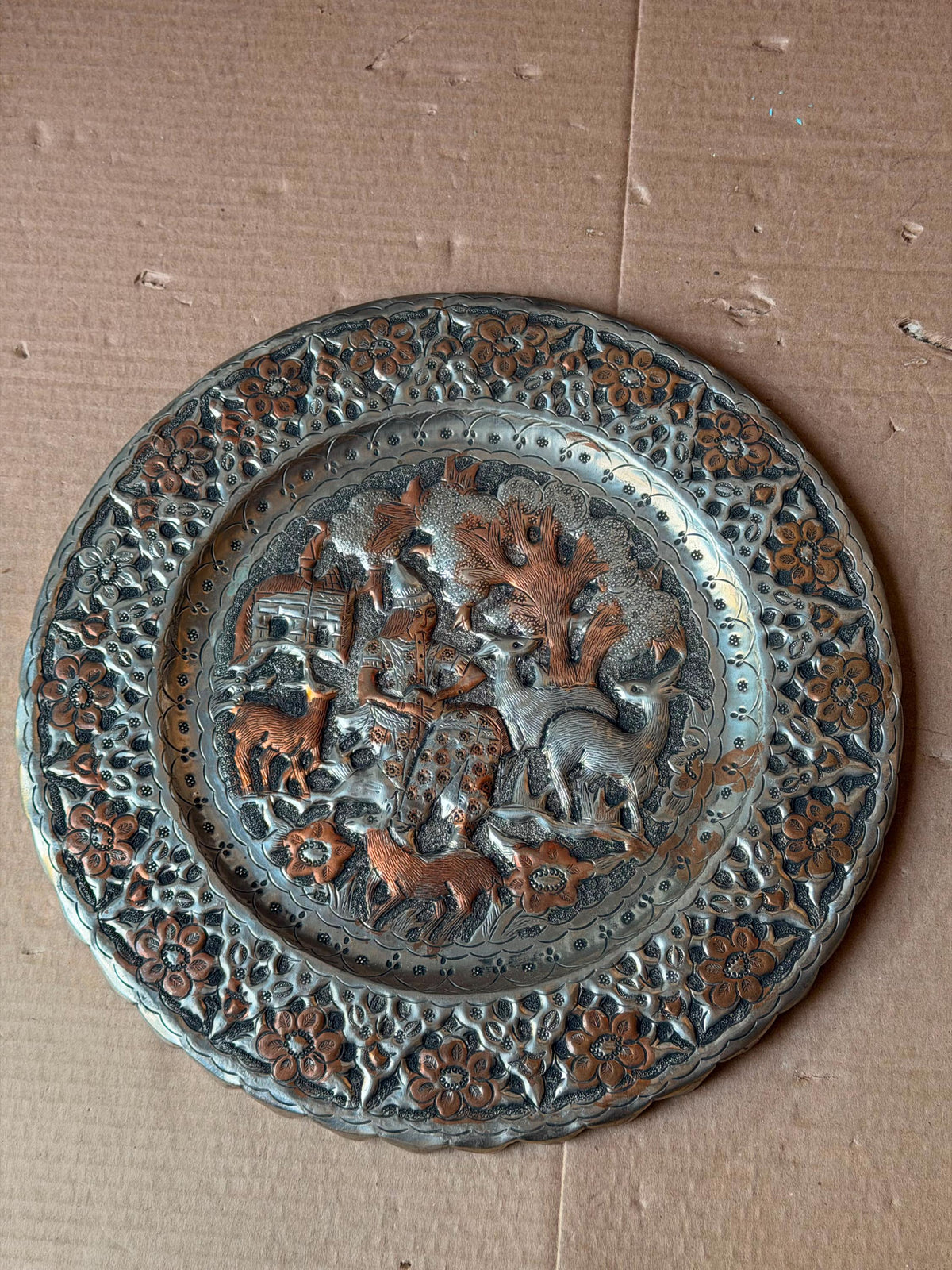 Vintage Middle Eastern Engraved Copper Charger - Musician Gazelles 13"