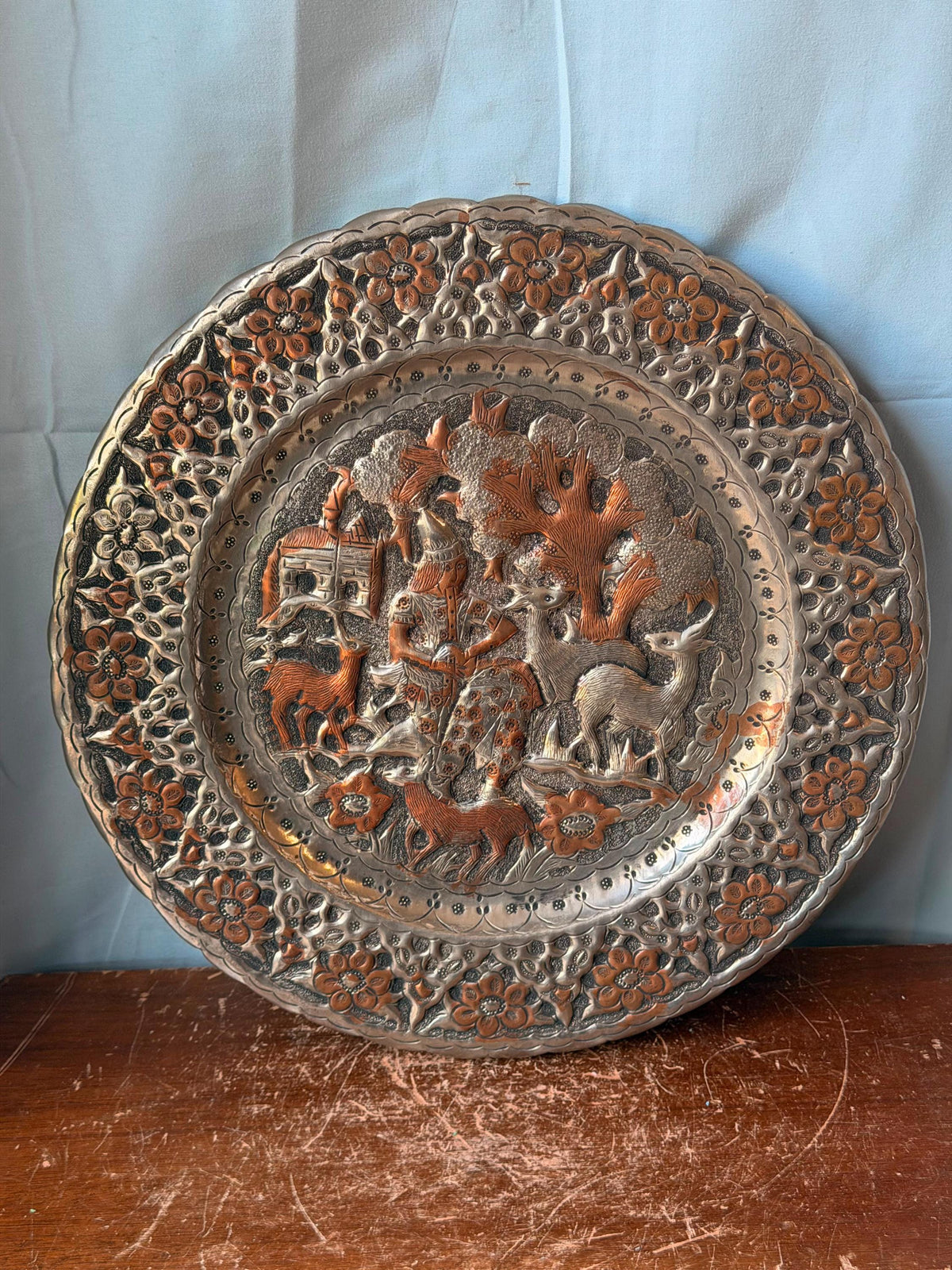 Vintage Middle Eastern Engraved Copper Charger - Musician Gazelles 13"